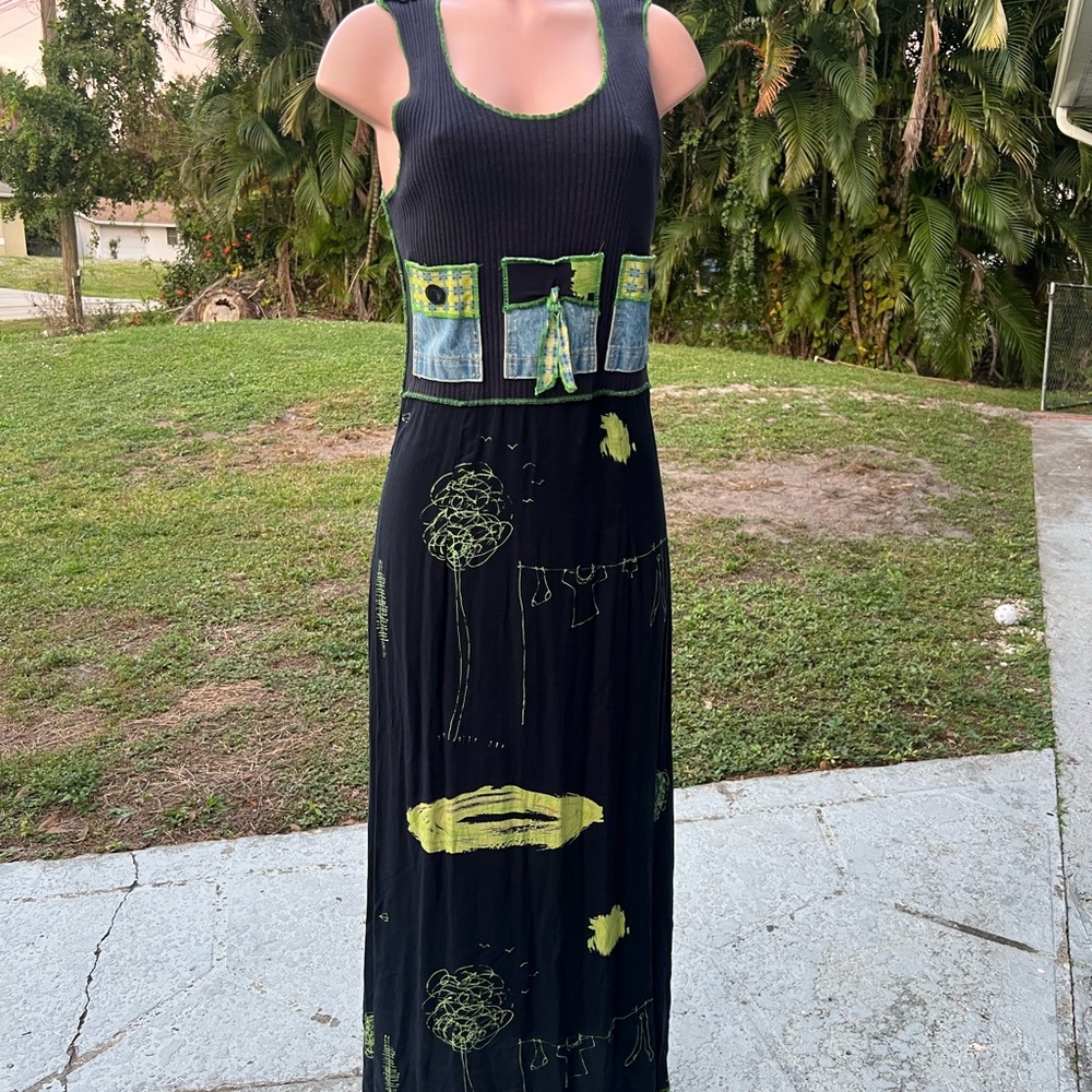 Black Maxi Dress with Lime Green Print